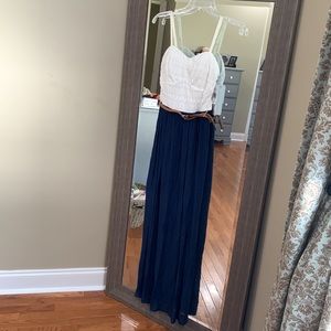 White lace top and dark blue maxi dress with belt. NWT. Size small